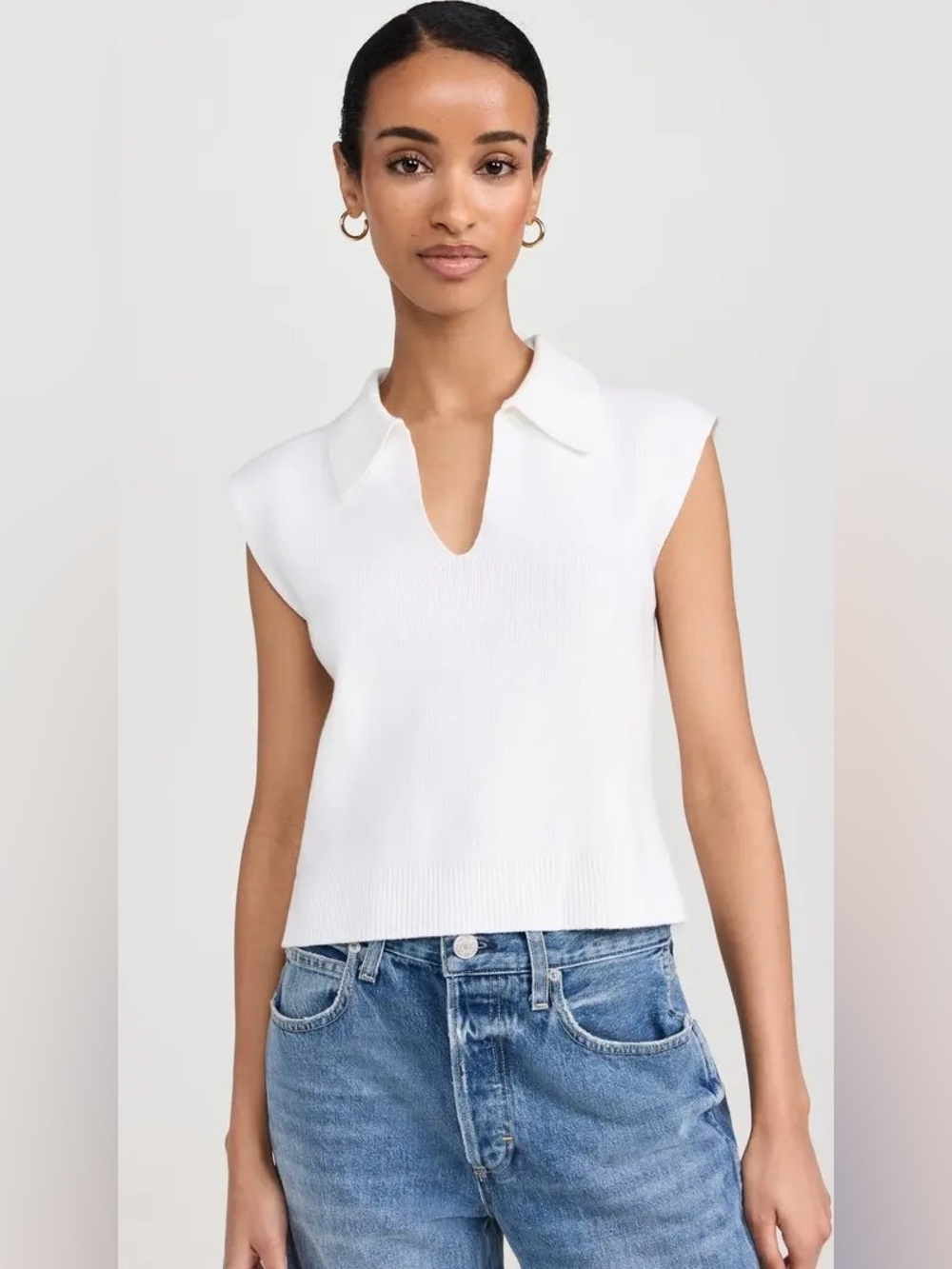 Splendid White Sleeveless V-Neck Polo Knit Tank